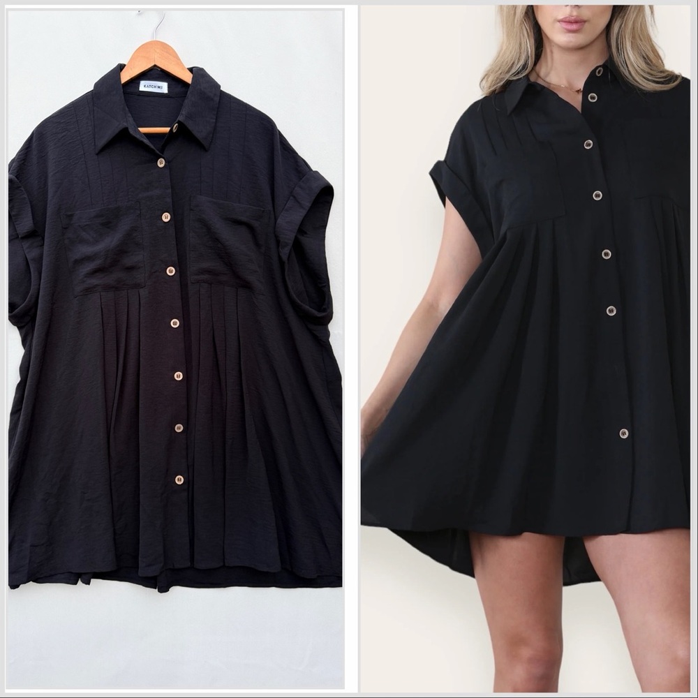 Katch‎ Me | Collared Short Sleeve Button-Up Ruched Shirtdress (Plus Size-O/S)